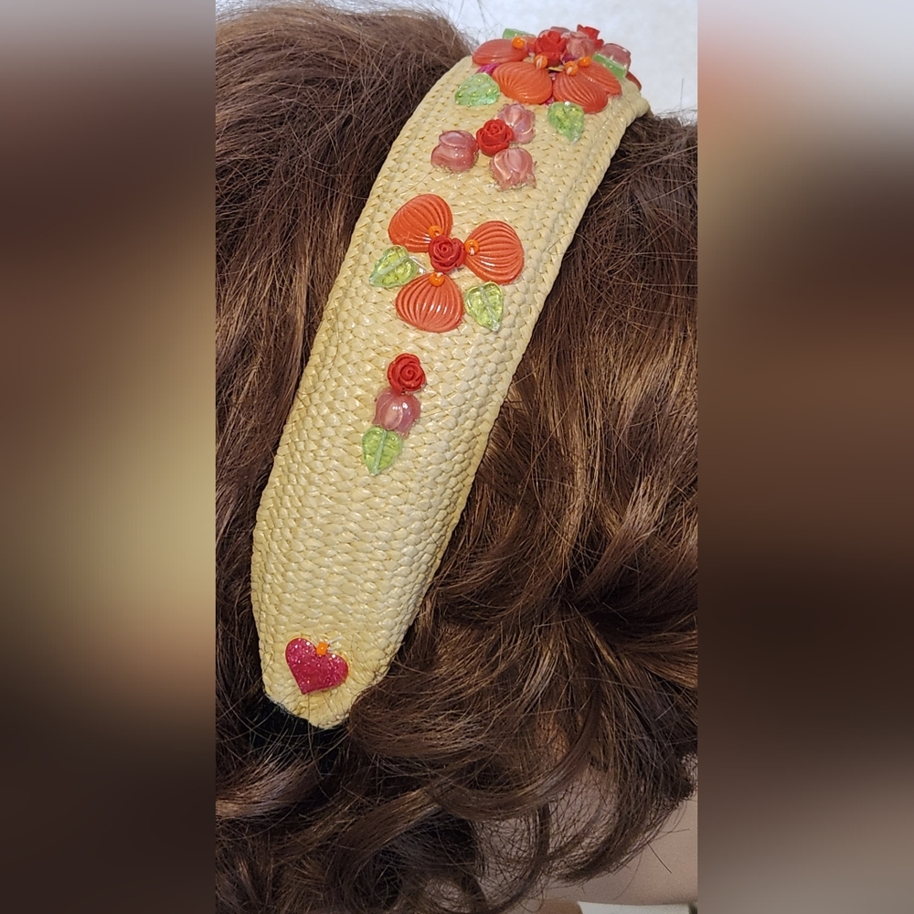 Handbeaded Orange Straw Rattan Headband One of a Kind - Picture 4 of 5